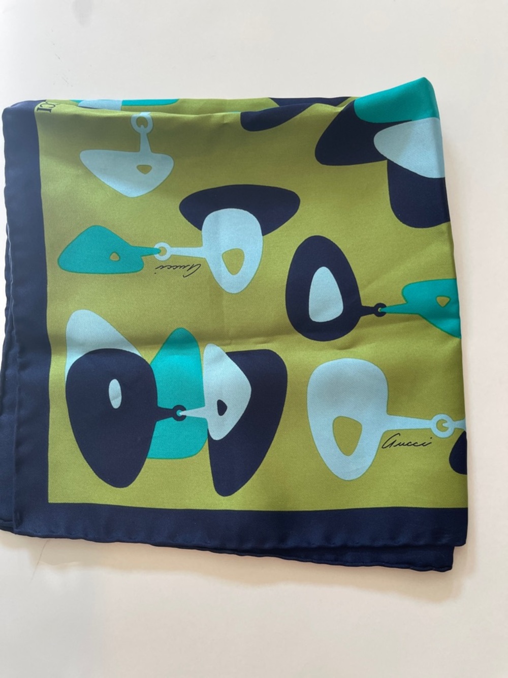 Gucci Olive Green, Teal & Navy Abstract Silk Scarf - Picture 2 of 4